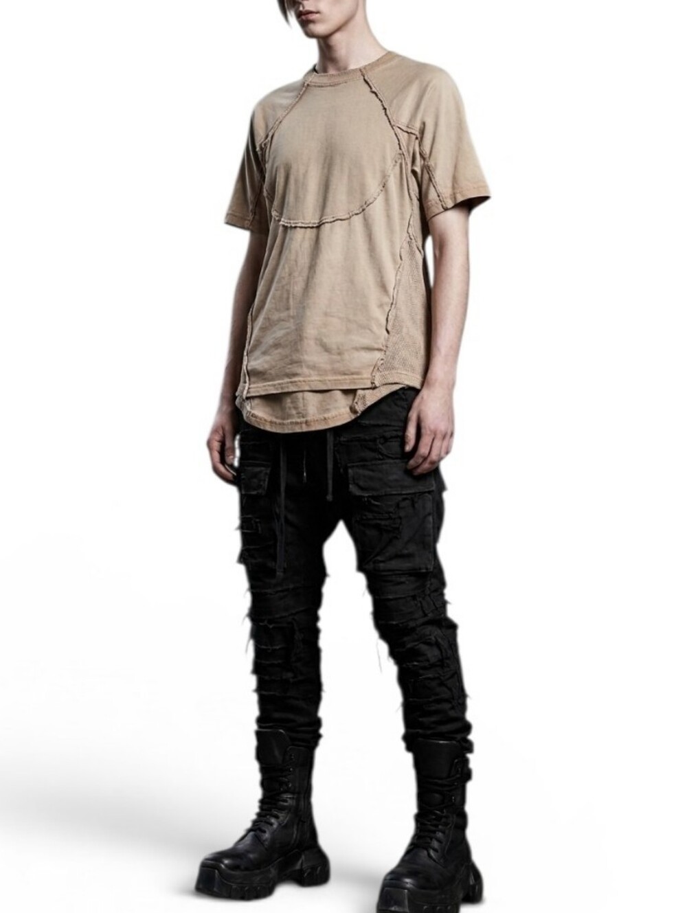 CHAUNK ORKLAD PHILOSOPHY Drkle1 G1AM0 Tan Cold Dyed Cotton Mesh Panel T Shirt